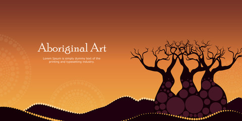 Aboriginal art landscapes vector banner background. Mountain with tree - Nature concept