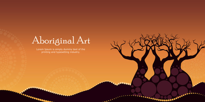 Aboriginal art landscapes vector banner background. Mountain with tree - Nature concept