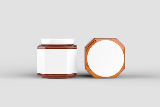 Honey In Jar Mock Up Isolated On Soft Gray Background With White Label. 3D Illustration