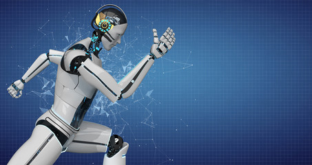 A running white robot on the blue background with a network. 3d illustration.