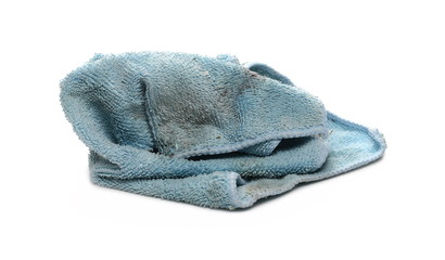 Dirty blue crumpled microfiber cloth isolated on white background