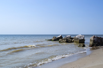 Seascape of Azov Sea. No one on the beach. Beautiful coast.