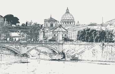 Vector image of the city of Rome with a view of the Tiber River 