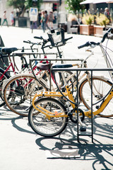 Fototapeta na wymiar Bycicles parked on a street in european city