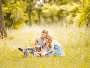 Two sisters playing with little Yorkshire terier sunny day