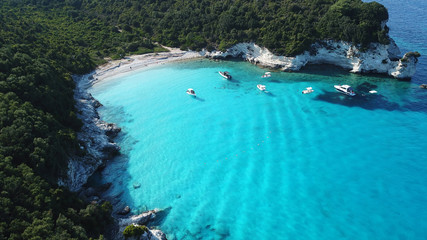 Naklejka na ściany i meble Aerial drone bird's eye view photo of iconic tropical paradise beaches of Voutoumi and Vrika with turquoise clear sea, Antipaxos island, Ionian, Greece