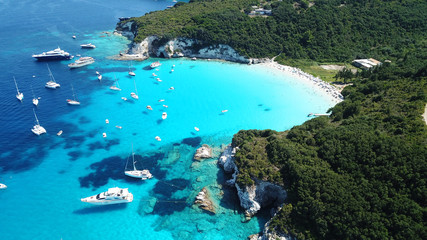 Aerial drone bird's eye view photo of iconic tropical paradise beaches of Voutoumi and Vrika with turquoise clear sea, Antipaxos island, Ionian, Greece - obrazy, fototapety, plakaty