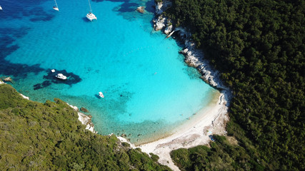 Aerial drone bird's eye view photo of iconic tropical paradise beaches of Voutoumi and Vrika with turquoise clear sea, Antipaxos island, Ionian, Greece