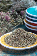 Herbes de Provence, mixture of dried herbs considered typical of the Provence region, blends often contain savory, marjoram, rosemary, thyme,  oregano, lavender leaves, used with grilled foods, stews.