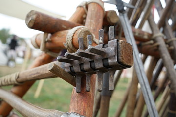 Replica primitive war weapons displayed on a festival in Bavaria
