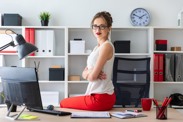 The young girl sat down on the table in the office.