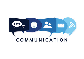 Vector illustration of a communication concept. The word communication with colorful dialog speech bubbles