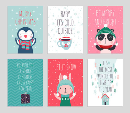 Christmas card set with Cute animals. Hand drawn characters. Greeting flyers.