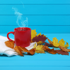 cup of coffee  on wooden blue background.