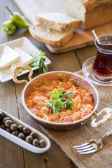 Turkish Breakfast, scrambled egg on pan and 