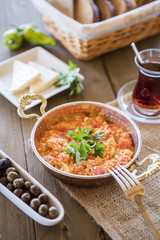 Turkish Breakfast, scrambled egg on pan and 