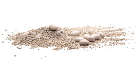 Seaside sand pile with rocks, pebbles isolated on white background and texture