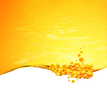 Liquid yellow wave line. Gold bubbles of air. For the project, gold, rest, oil, honey, beer, juice, shampoos or other successful options. On white background an area for text