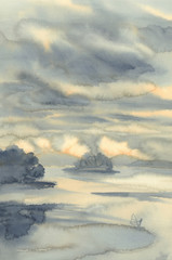 Fototapeta na wymiar Summer lake with clouds and a yacht watercolor