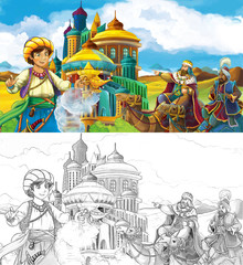 Fototapeta na wymiar cartoon scene with prince or king traveling near arabian castle encountering camel riders - illustration for children