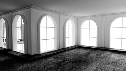 Gloomy empty interior with stone floor. 3d illustration, 3d rendering.