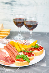 Italian antipasti wine snacks set. Italian food.