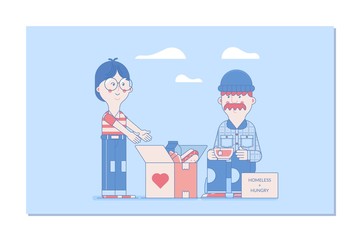 Volunteers design concept.Boy Giving Donation to a Poor Homeless Man