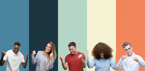 Group of people over vintage colors background very happy and excited doing winner gesture with...