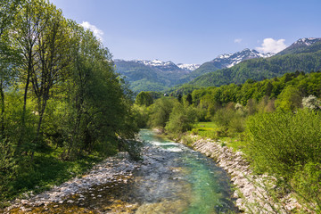 Obraz premium Wonderful nature, Walking trips in Triglav National Park near Ukanc and Waterfall Slap Savica, Bohinj Valley and Lake, Upper Carniolan, Slovenia, Europe