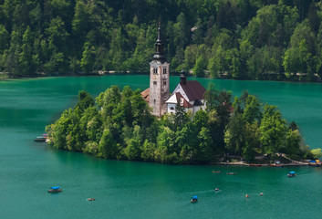Amazing view over Bled Lake, Castel and Island, Bled, Upper Carniolan, Triglav National Park, Slovenia, Europe