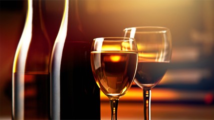 Closeup of dark wine bottles in row