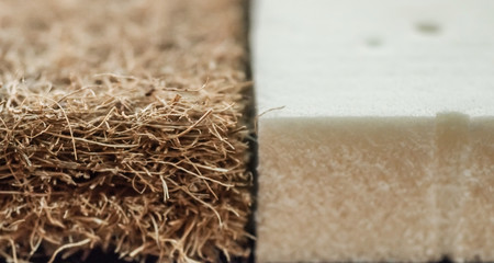 Mattress with coconut fiber. Coconut coir and Nature para latex rubber. Grated coconut shell for the production of mattresses. - obrazy, fototapety, plakaty