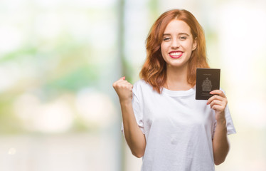 Young beautiful woman holding passport of canada over isolated background screaming proud and celebrating victory and success very excited, cheering emotion