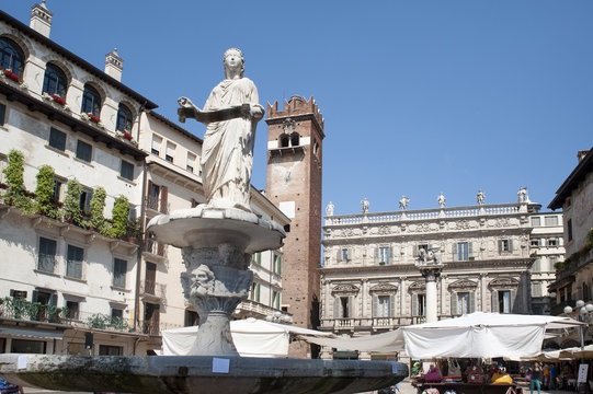 Italy, Verona. The center of the area decorates Veronese Madonna's fountain.