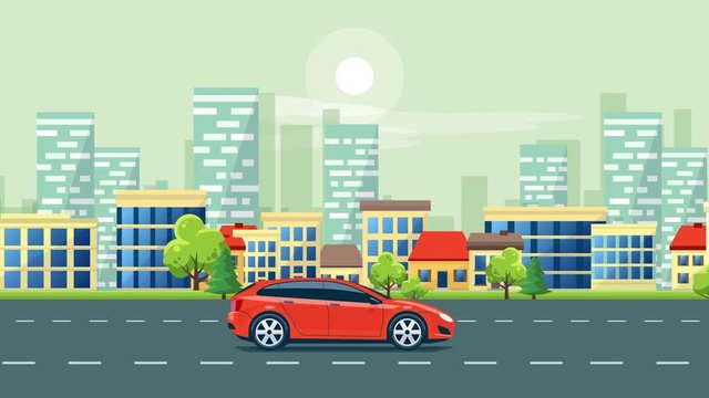 Simple motion loopable 4K flat cartoon animation of car on the road in urban city landscape with moving skyline skyscrapers and office buildings in backround. Traffic in town on the street. 