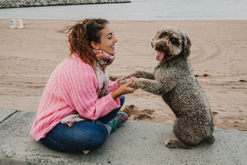 .Young woman wearing a pink sweater, playing with her adorable brown spanish water dog on the seafront of Gijon in the north of Spain on a cloudy summer day. Having fun, relaxed afternoon. Lifestyle