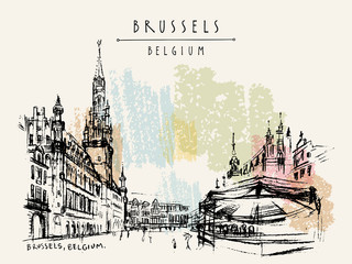 Brussels, Belgium. Grand Place. Hand drawn travel postcard