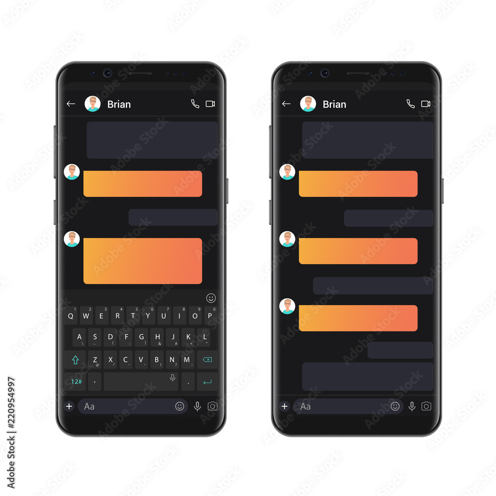 Poster Smartphone dark style chatting template with empty chat bubbles. Vector sms chat mockup dialogues composer.