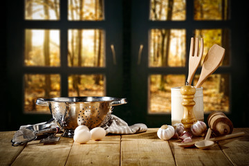 autumn window and cook hat decoration 