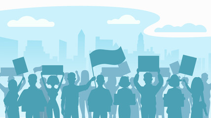 Silhouette crowd of people protesters. Protest, revolution, conflict in city. Flat vector illustration. - obrazy, fototapety, plakaty