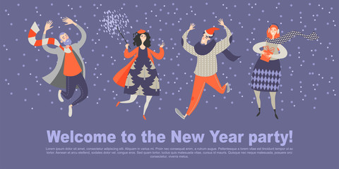 Invitation card for New Year party. Four happy friends celebrate the coming of the new year together
