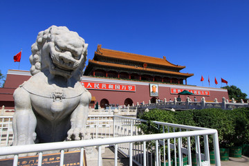 Tiananmen tower and stone lion landscape architecture, in Forbidden City, Beijing