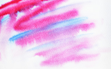 Red with blue color stripe and pink color stains flow on white surface ,  Illustration abstract and bright background from watercolor hand draw on paper
