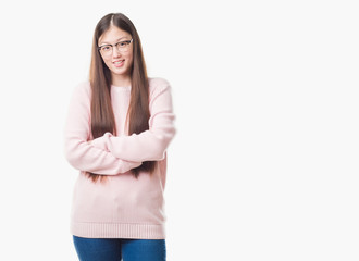 Young Chinese woman over isolated background wearing glasses happy face smiling with crossed arms looking at the camera. Positive person.