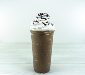 Water mold Cocoa Blend  in takeaway cup topped whip cream  chocolate isolated on white background,Front view. - obrazy, fototapety, plakaty