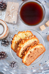 Two-color cupcake with chocolate and nuts, selective focus