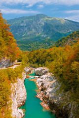 Fototapeta na wymiar Autumn scenery of Soca river near Kobarid, Slovenia