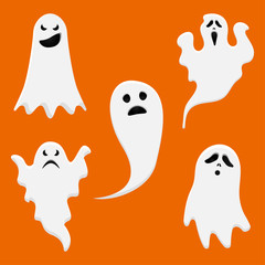 White cute ghosts for Halloween design. Set of different ghosts characters. Vector.