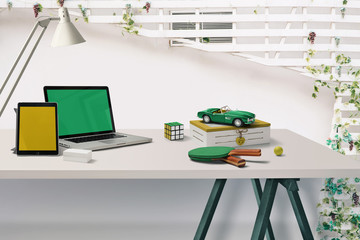 bright table scene with green and yellow items