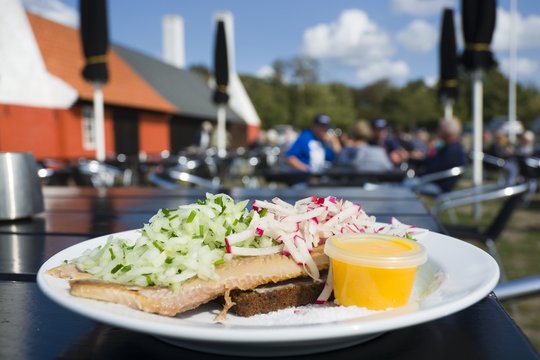 Sol over Gudhjem - Danish dish consisting of rugbrod, smoked herring, chives, onion, radish, sea salt and a raw egg yolk. Traditional smokehouse with characteristic chimneys in the background, Hasle